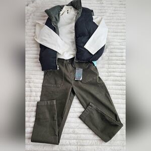 Stylish Black Vest with White Top and Green Pants